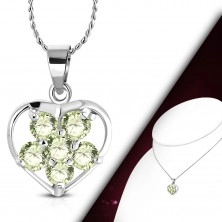 Necklace - a chain with a pendant, light green zircon flower in a heart contour