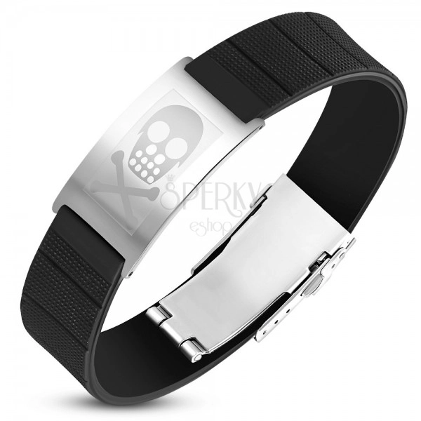Black rubber bracelet with a steel tag in silver color, a skull with bones