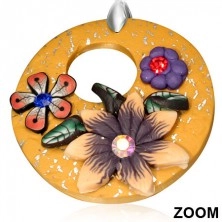 FIMO earrings, dangling orange circles with flowers and a round cut-out