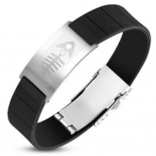 Steel-rubber bracelet, black strap with tag in silver color, fish bone