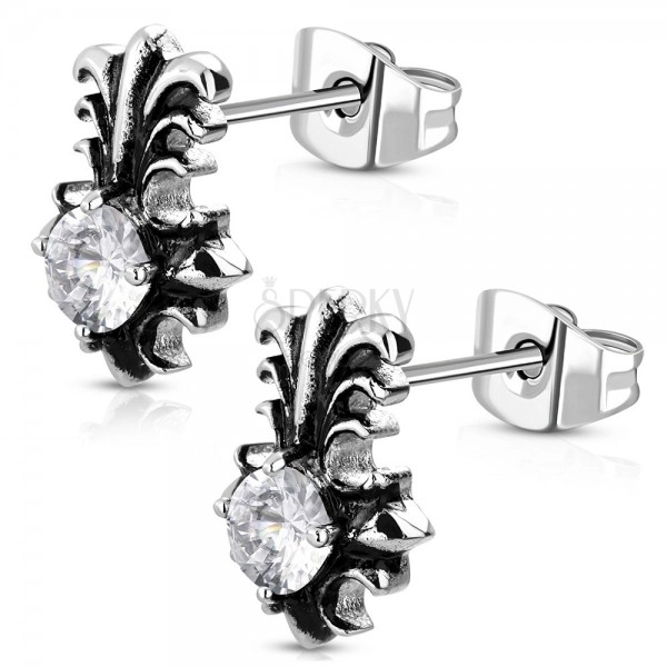 316L steel earrings - patine lily cross with round clear zircon  