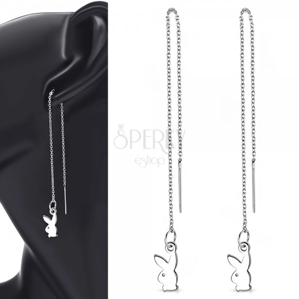 316L steel chain earrings, silver color, dangling bunny