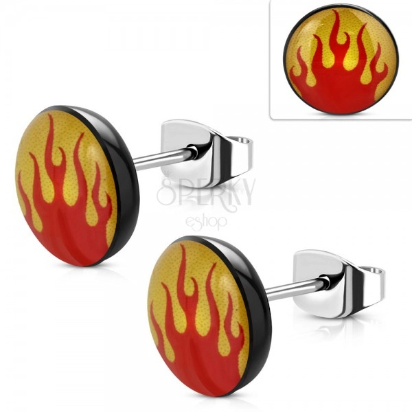 Stainless steel earrings, black acrylic circle with fires