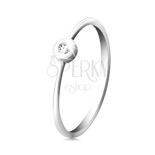 14K white gold ring - glittering clear brilliant in shiny mount, narrow shoulders