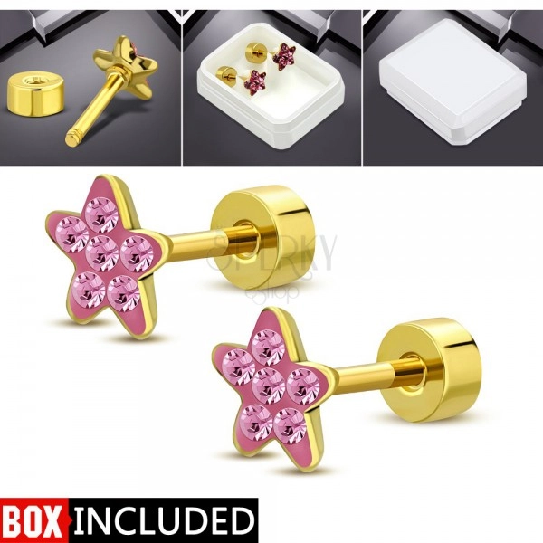 Steel stud earrings with a screw in gold colour, glittering flower made of pink zircons
