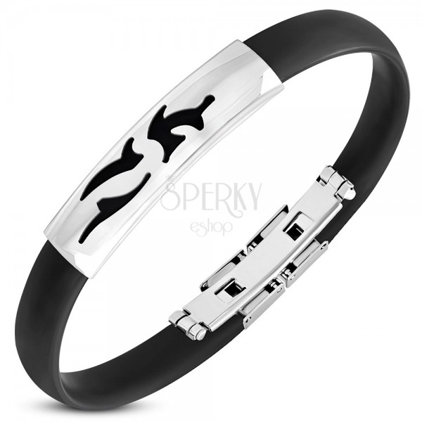 Black rubber bracelet, shiny steel plate with Tribal cut-outs