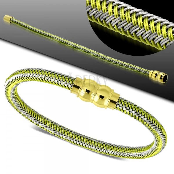 Green-grey bracelet, plaited pattern, golden magnetic clasp