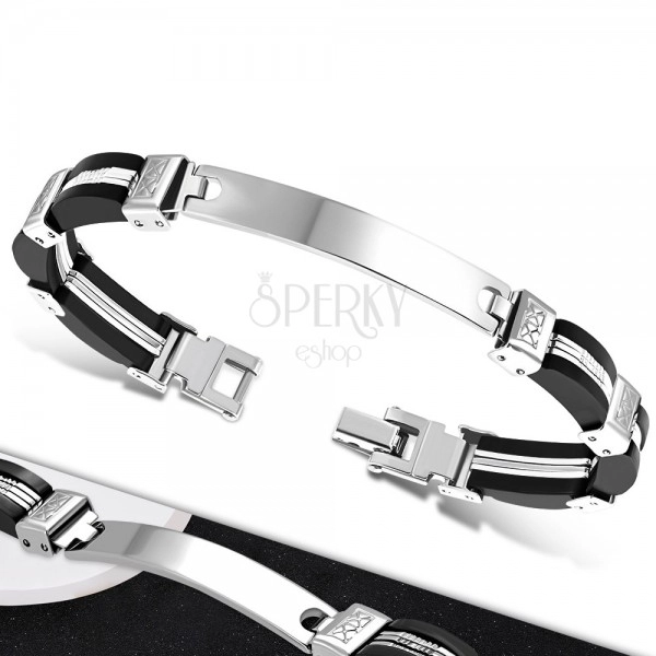 Bracelet – black rubber parts on sides, steel middle with notches, plate