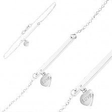 925 silver bracelet, thin shiny plate with a heart pendant