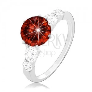 925 silver ring, circular red zircon and clear zircons on shoulders