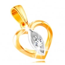 14K gold pendant - heart contour, grain with a clear zircon in the middle