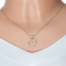 14K gold pendant - two thin heart contours of yellow and white gold, indents