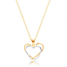 14K gold pendant - two thin heart contours of yellow and white gold, indents