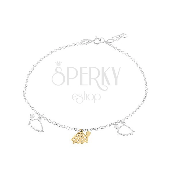 925 silver anklet, three turtles in gold and silver colour