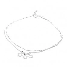 925 silver double chain anklet, three flowers and balls