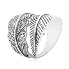 925 silver ring, large opposingly curved leaves, grey patine