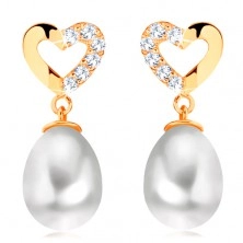14K yellow gold diamond earrings - heart contour with brilliants, oval pearl