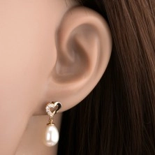 14K yellow gold diamond earrings - heart contour with brilliants, oval pearl