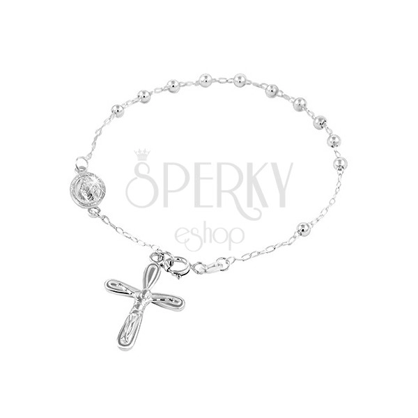 925 silver bracelet - balls, Virgin Mary medailon, cross with Jesus