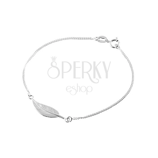925 silver bracelet, thin chain, shiny engraved leaf