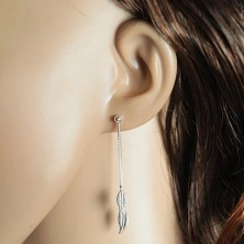 925 silver earrings, two leaves dangling on thin chains