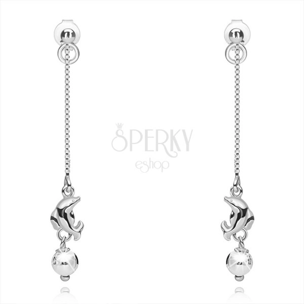 925 silver earrings, a dolphine and a ball on thin chains 