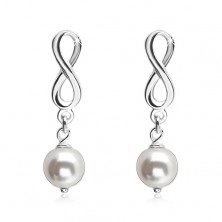 925 silver earrings, shiny infinity symbol, white rounded pearl
