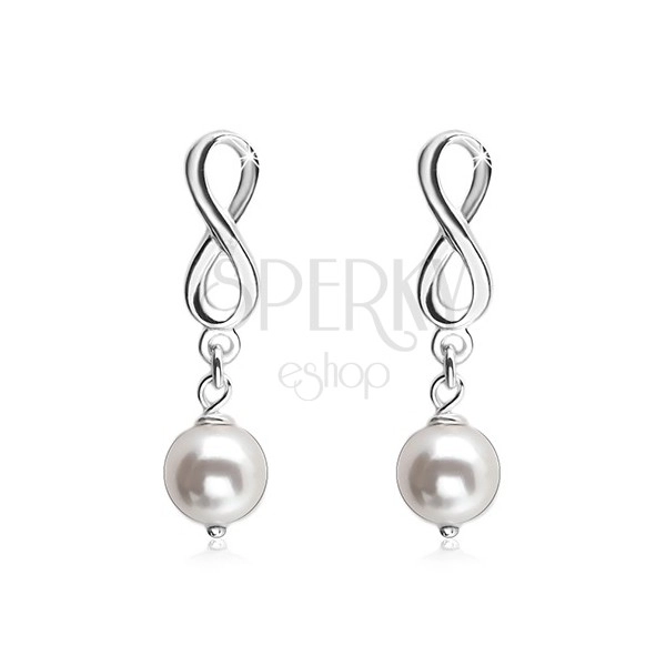 925 silver earrings, shiny infinity symbol, white rounded pearl
