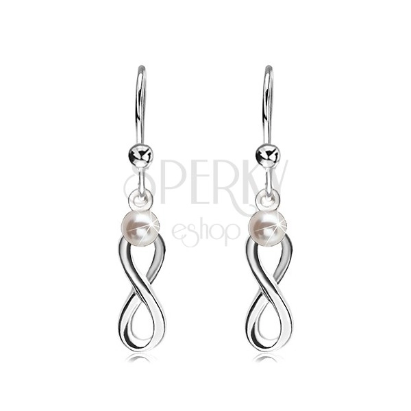 925 silver earrings, shiny INFINITY symbol with a white pearl