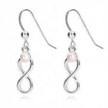 925 silver earrings, shiny INFINITY symbol with a white pearl