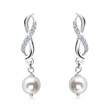 925 silver earrings, infinity symbol of two waves, white round pearl