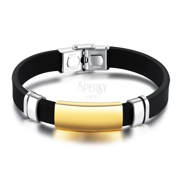 Black rubber bracelet, shiny smooth plate of steel in golden colour