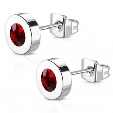 316L steel earrings - circle with imbedded red zircon