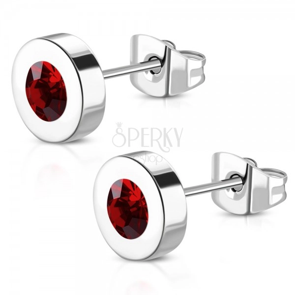 316L steel earrings - circle with imbedded red zircon