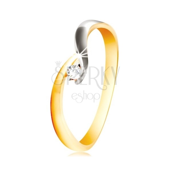 585 gold ring - curved two-coloured shoulders, sparkling clear zircon