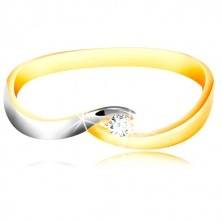 585 gold ring - curved two-coloured shoulders, sparkling clear zircon