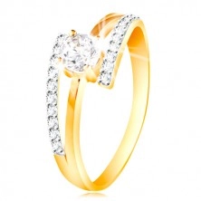 14K gold ring - split shoulders, elevated circular zircon in clear colour