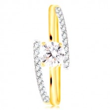 14K gold ring - split shoulders, elevated circular zircon in clear colour
