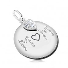 925 silver pendant, flat double-sided circle with black inscriptions, heart