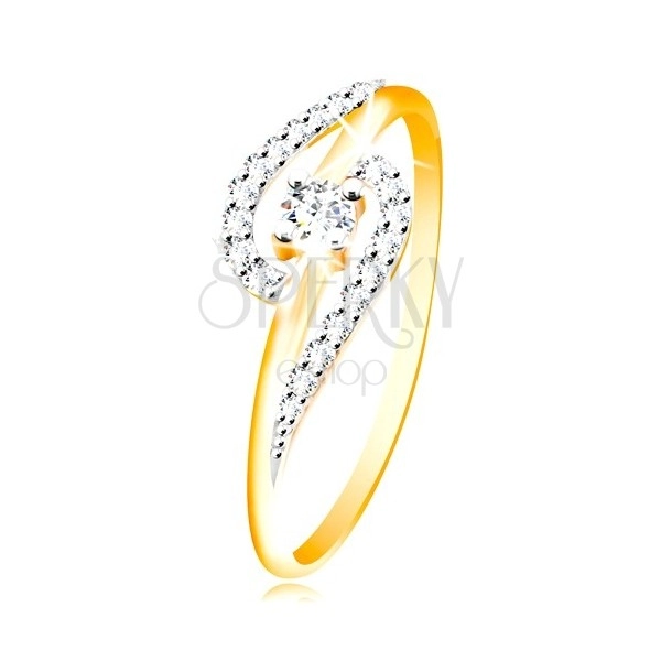 14K gold ring - cclear zircon arches, bigger circular zircon in the middle