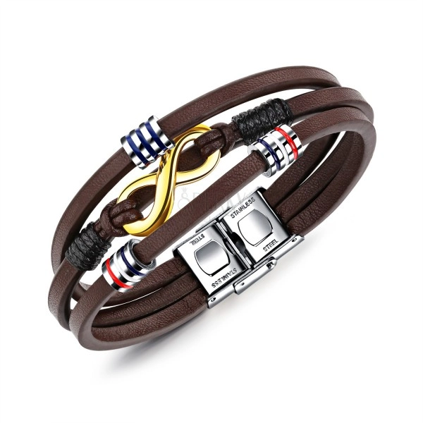 Brown leather bracelet, three thin stripes, symbol INFINITY in gold colour, rolls