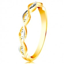585 gold ring - two thin entwined waves of white and yellow gold, zircons