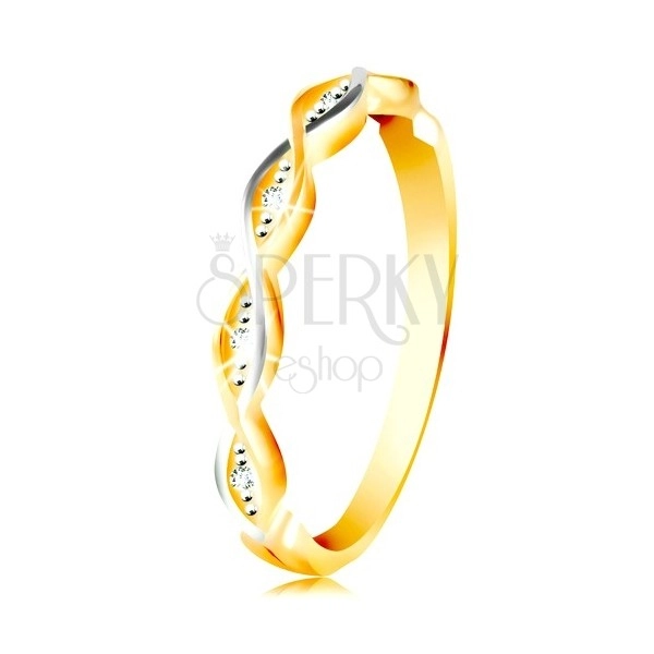 585 gold ring - two thin entwined waves of white and yellow gold, zircons