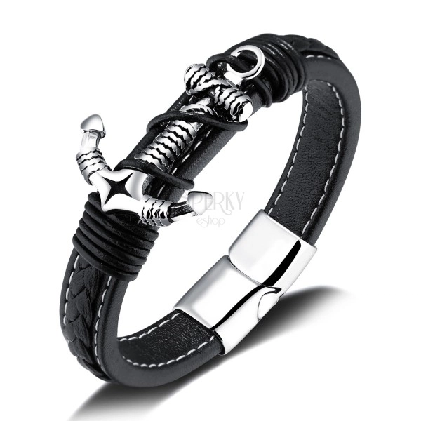 Black synthetic leather bracelet, patinated anchor in silver colour, string