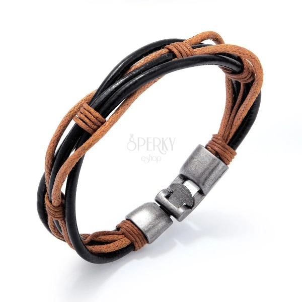 Brown-black bracelet of thin synthetic leather stripes and strings