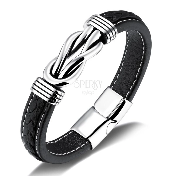 Black synthetic leather bracelet, patinated Celtic knot in silver colour
