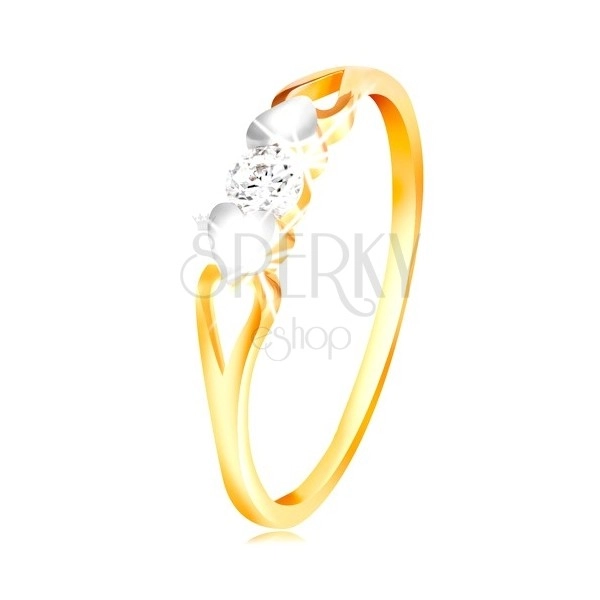 585 gold ring - hearts of white gold, indents and clear zircon in the middle