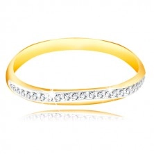 14K gold ring - sparkling curved stripe of clear zircons and white gold