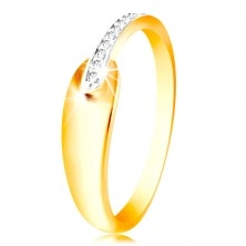 Ring of 585 gold - shiny rounded tear and sparkling stripe of clear zircons