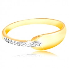 Ring of 585 gold - shiny rounded tear and sparkling stripe of clear zircons